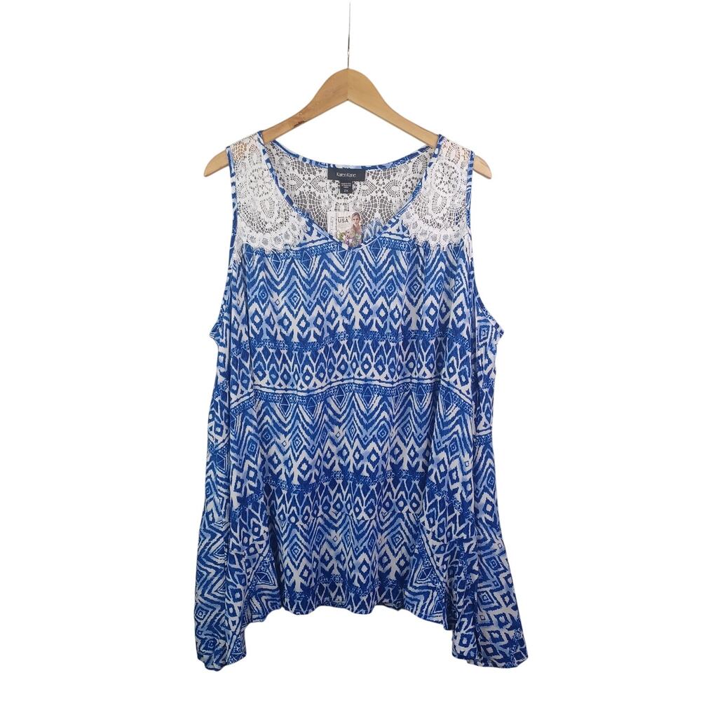 Karen Kane Women Tunic Top Plus 2X Blue White Lace Trim Ikat Sleeveless Boho NWT